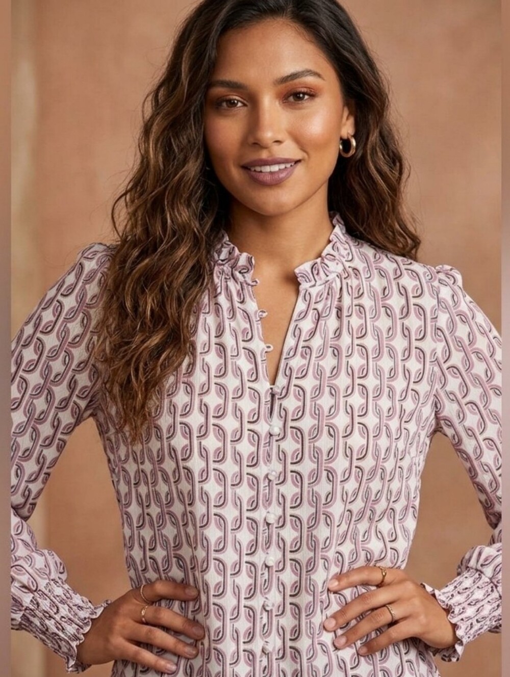 Autres Filles Women's Blouse Pink/Cream, Ruffle Neck, Elastic Cuffs, Size XL